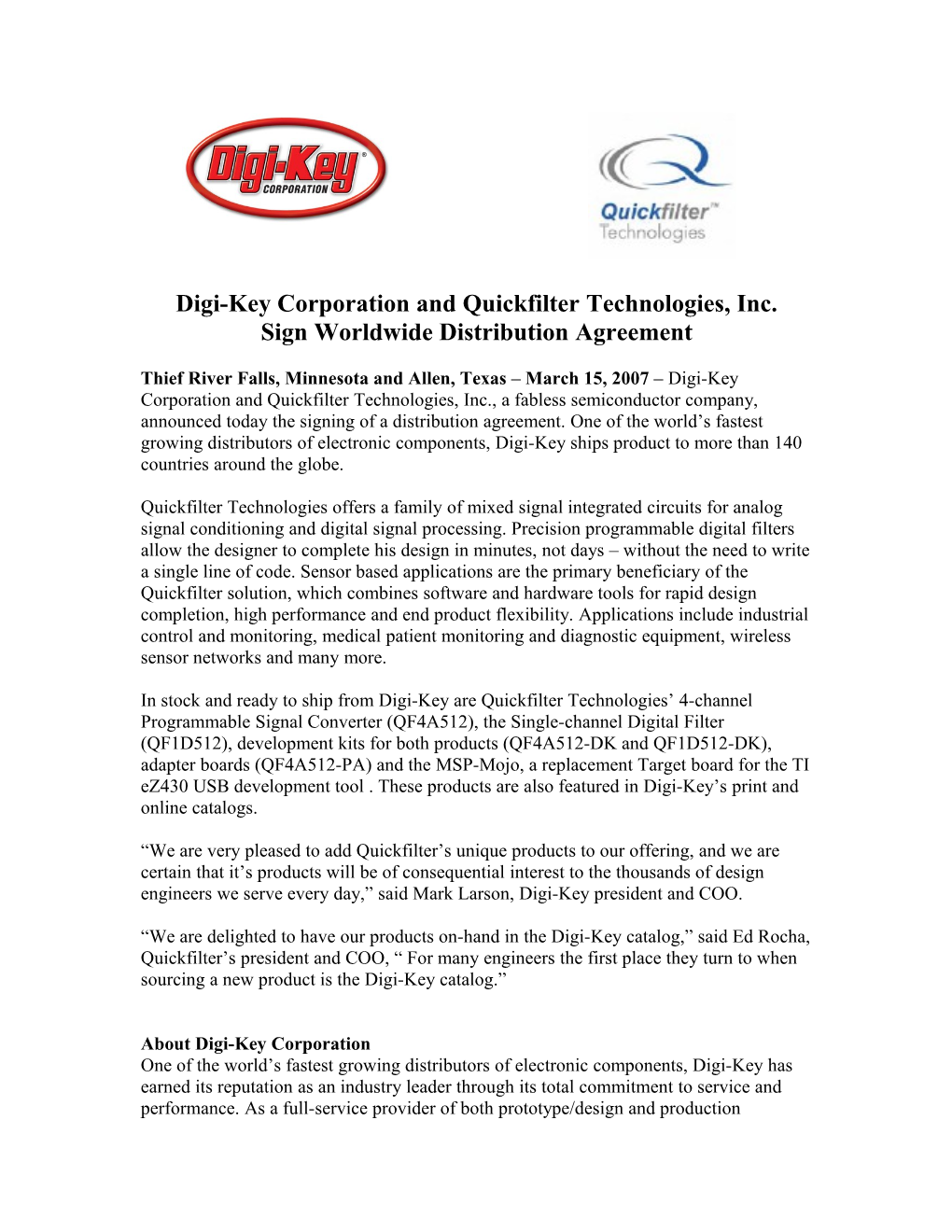 Digi-Key Corporation and Quickfilter Technologies Inks Worldwide Distribution Agreement