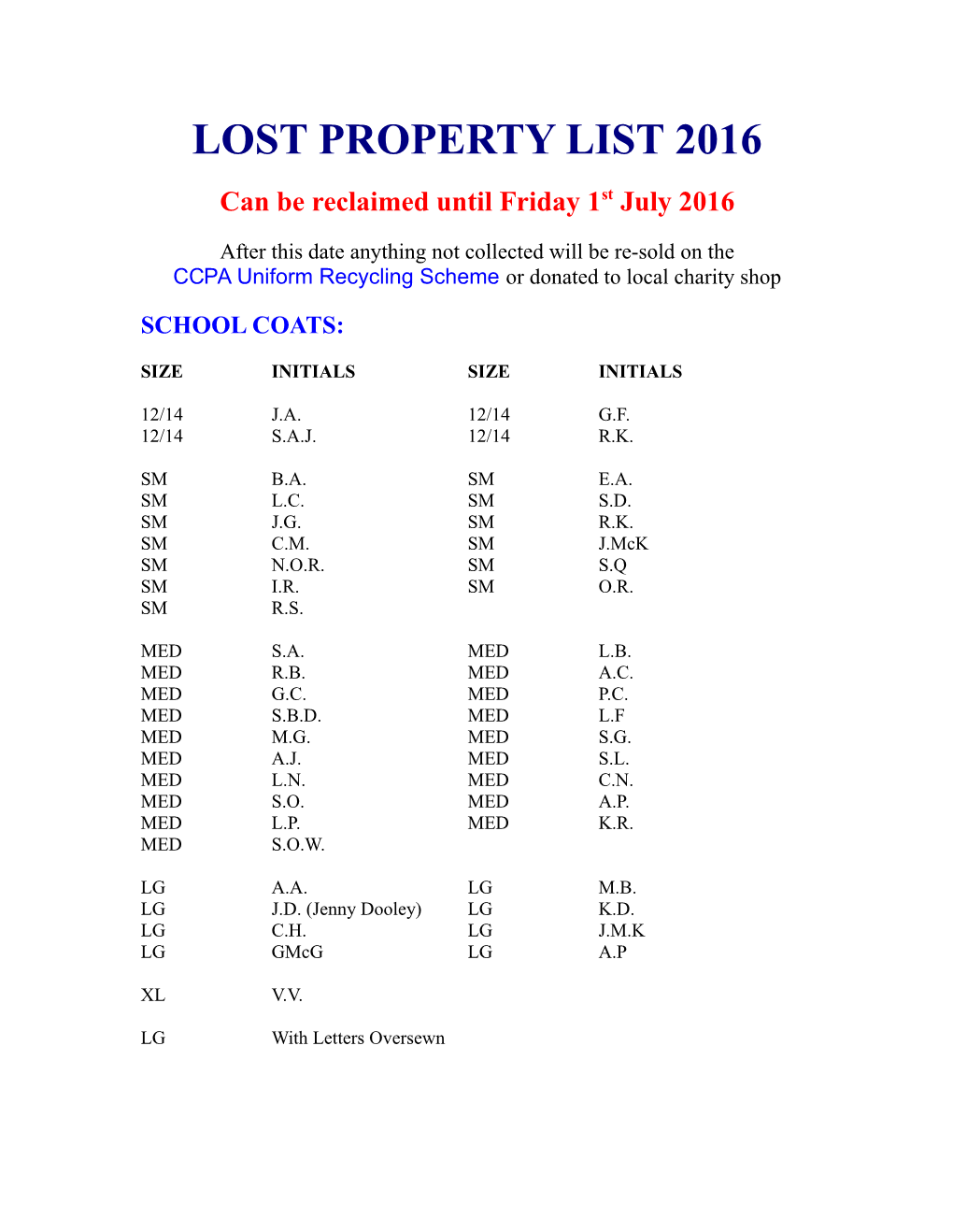 Lost Property List 2016