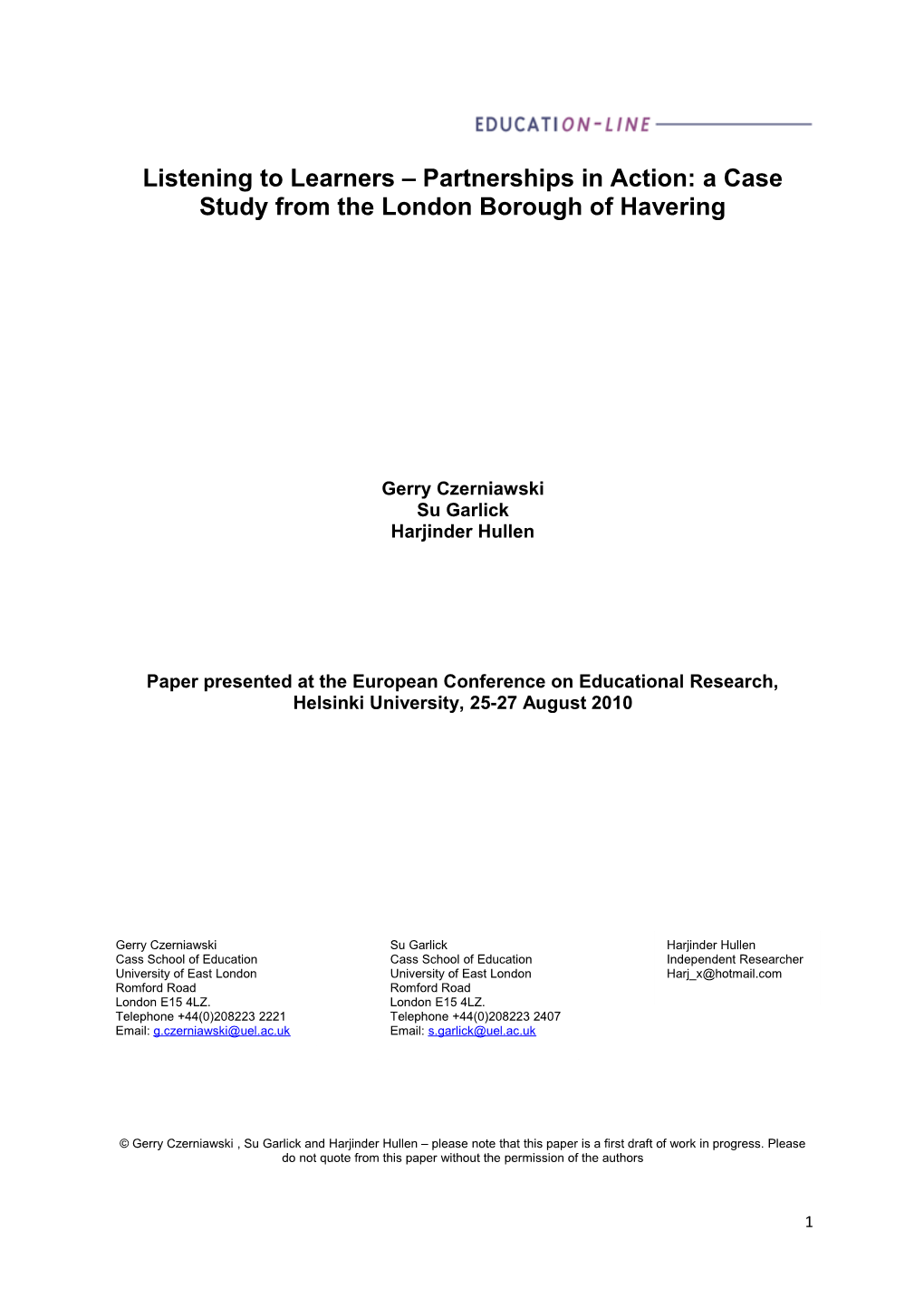 Listening to Learners Partnerships in Action: a Case Study from the London Borough of Havering