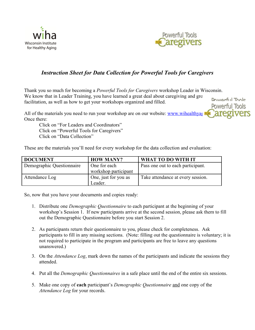 Instruction Sheet for Data Collection for Powerful Tools for Caregivers