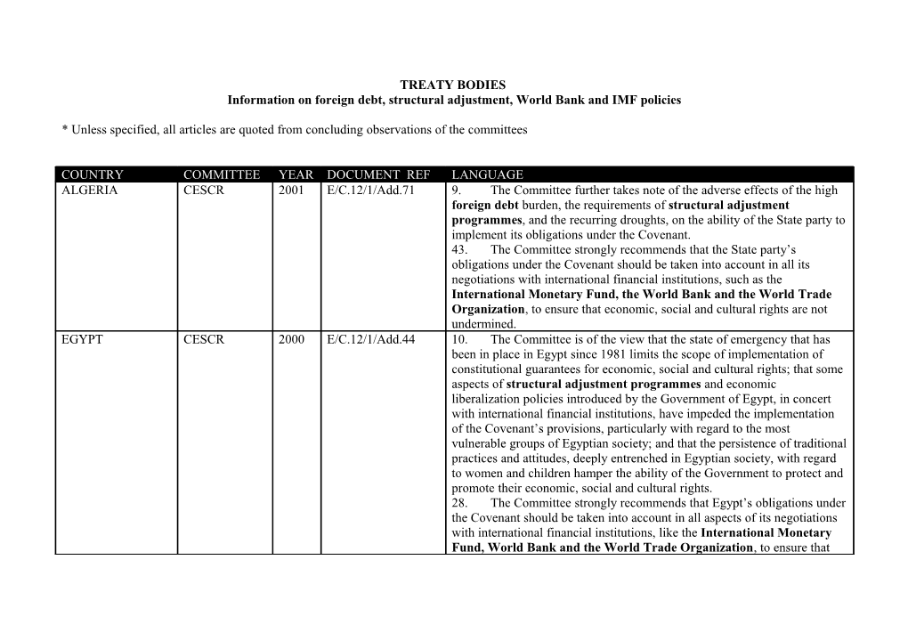 Treaty Bodies on Foreign Debt, Structural Adjustment, World Bank and Imf Policies