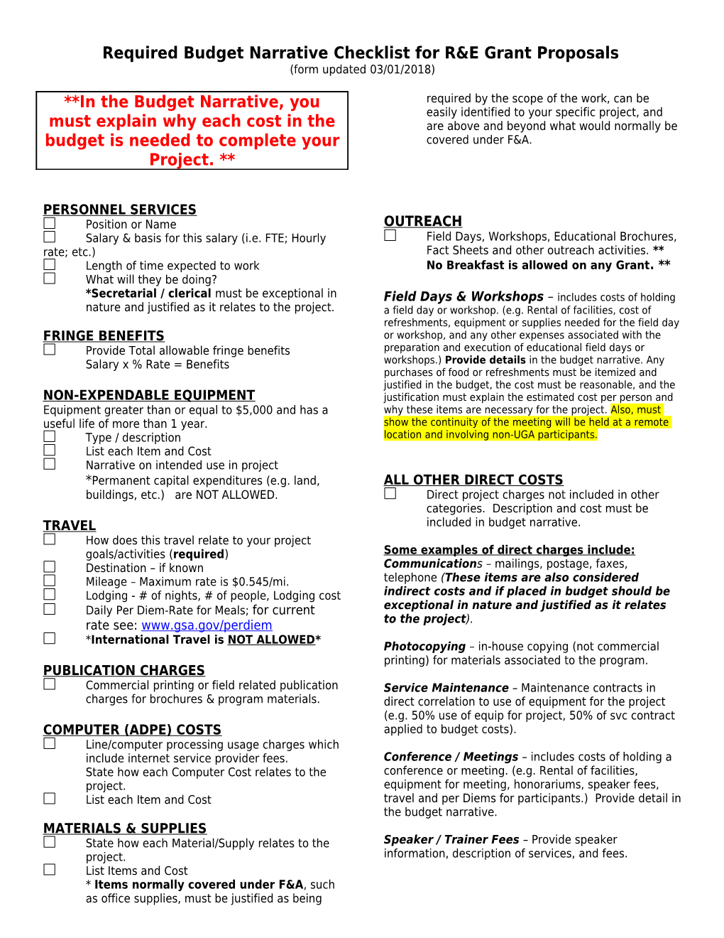 Required Budget Narrative Checklist for R&E Grant Proposals