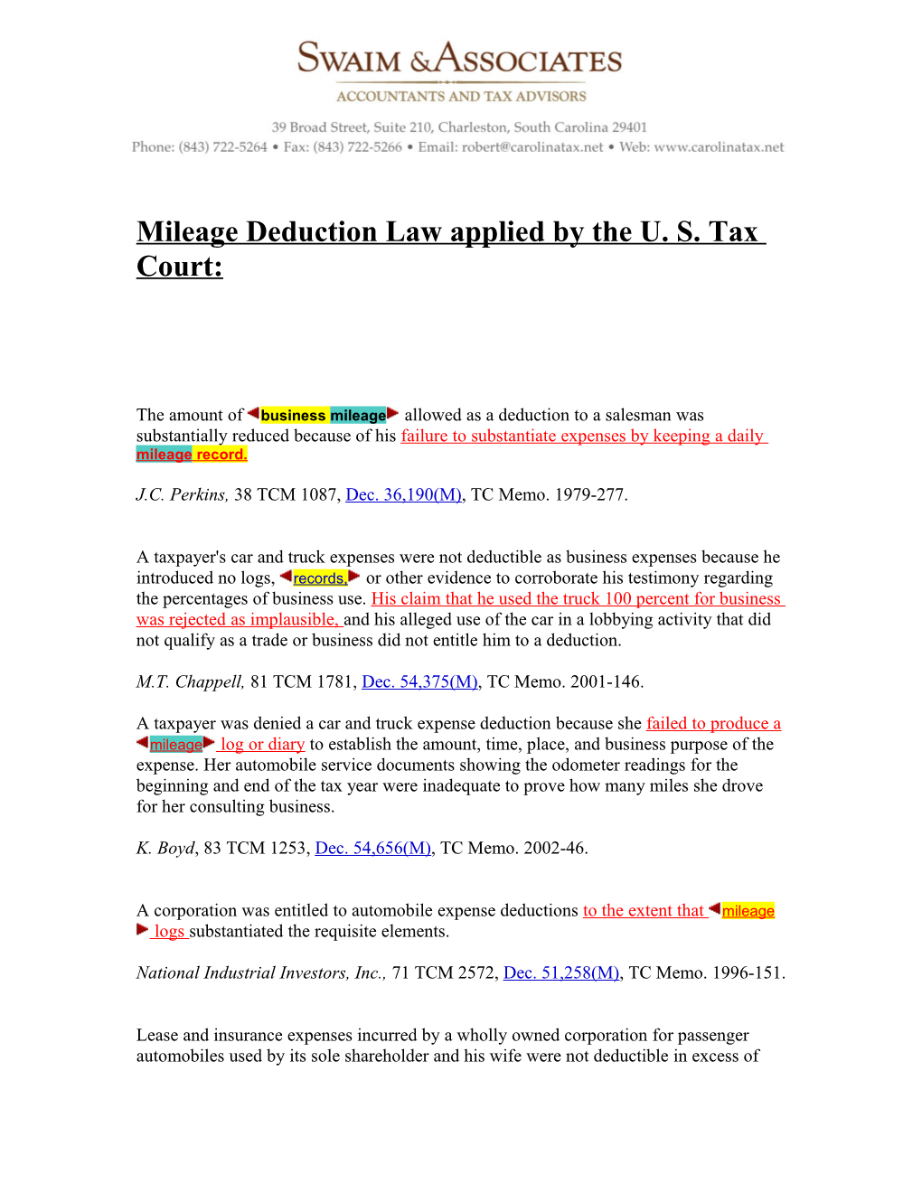 Mileage Deduction Rules Per the United States Tax Court