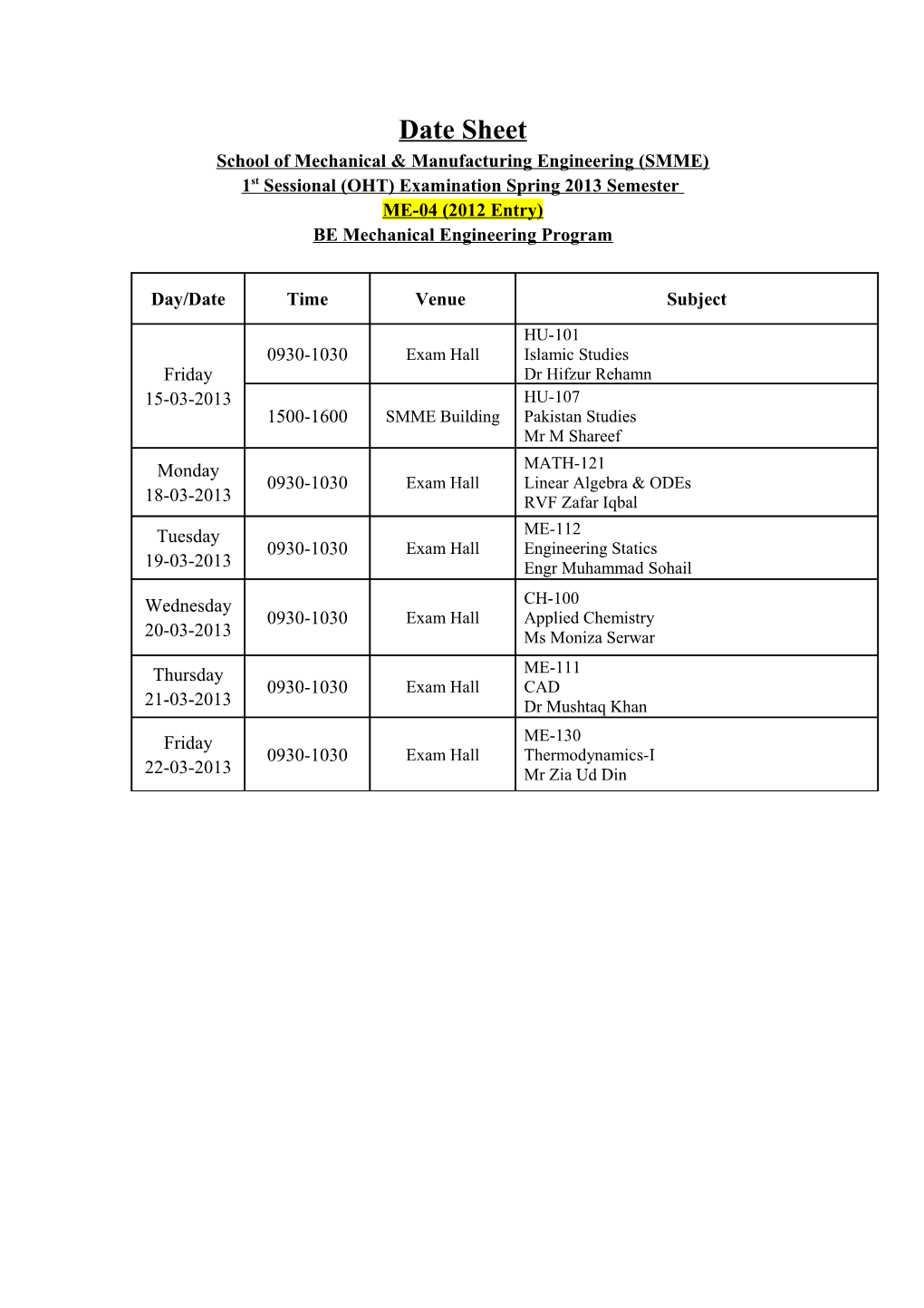 School of Mechanical & Manufacturing Engineering (SMME)