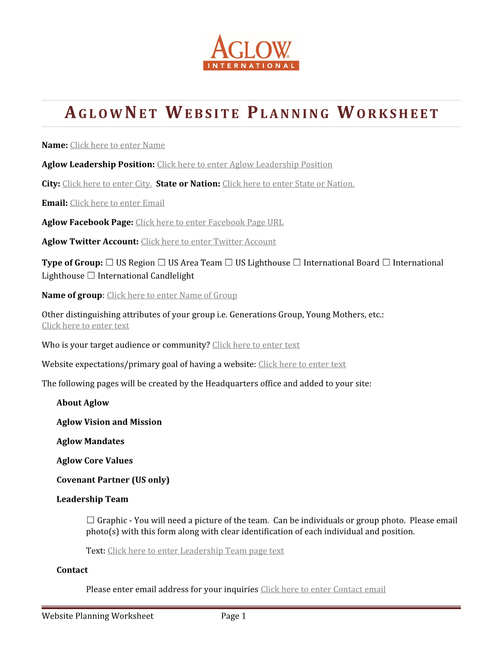 Aglownet Website Planning Worksheet