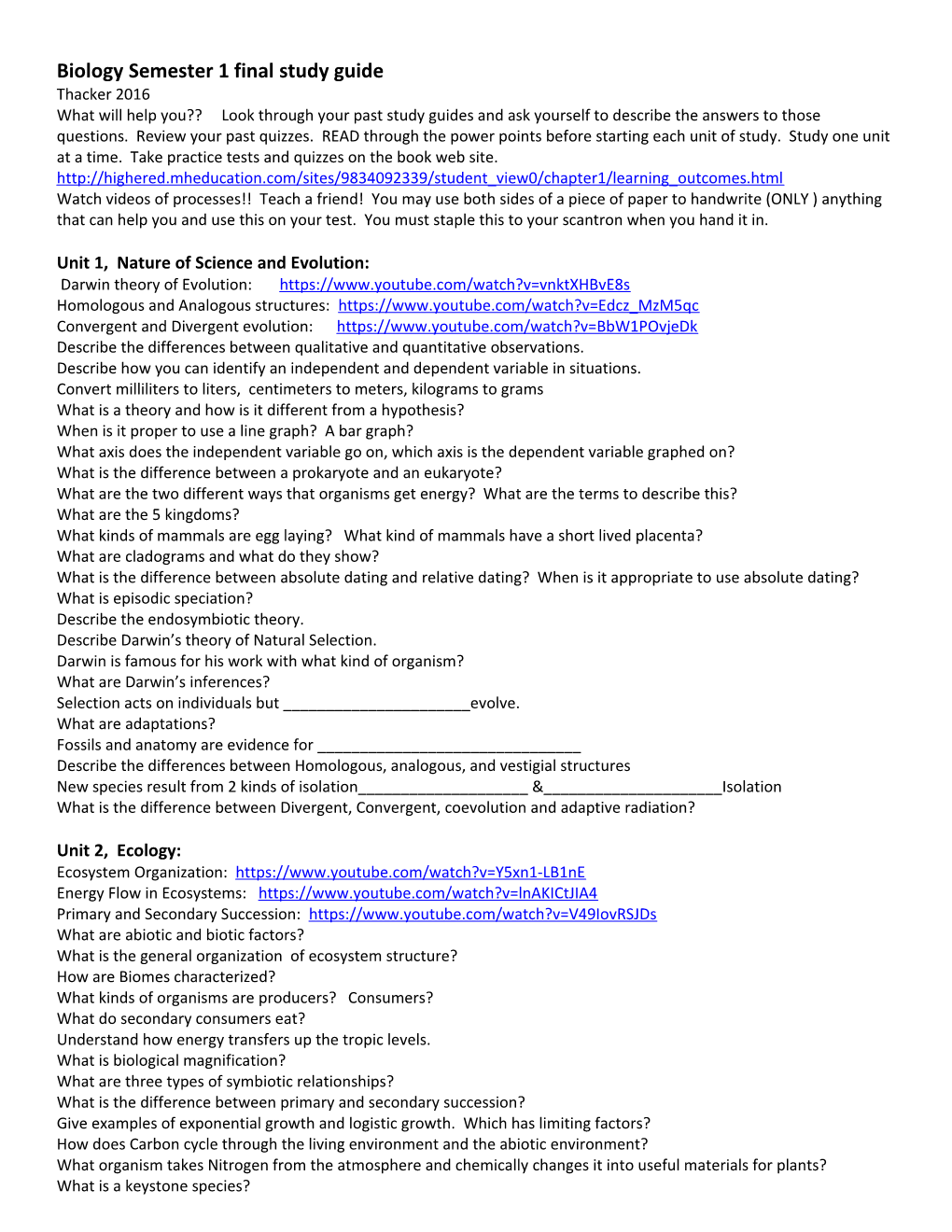 Biology Semester 1 Final Study Guide