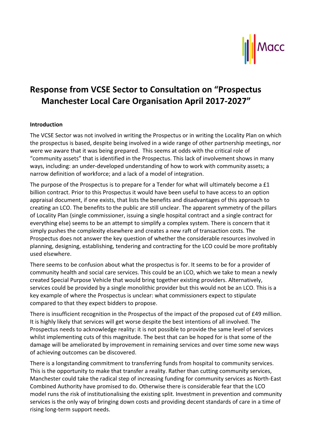 Response from VCSE Sector to Consultation on Prospectus Manchester Local Care Organisation