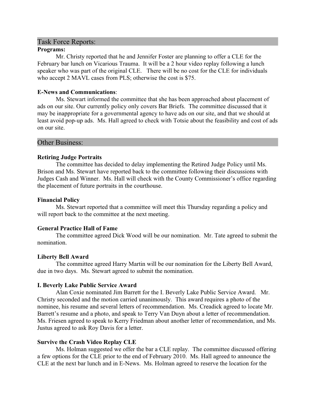 Minutes of the January 4, 2010 Executive Committee Meeting