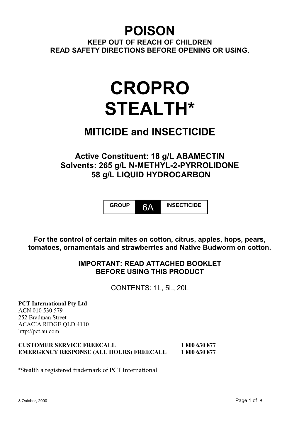 Cropro Stealth Miticide and Insecticide Label