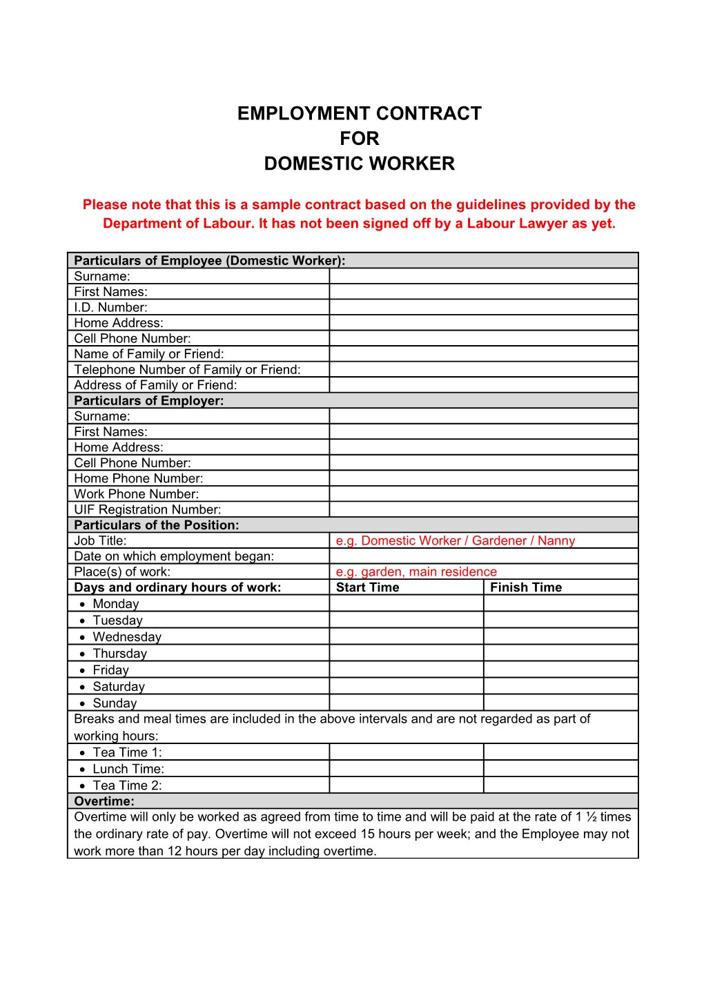 Contract of Employment for Domestic Worker