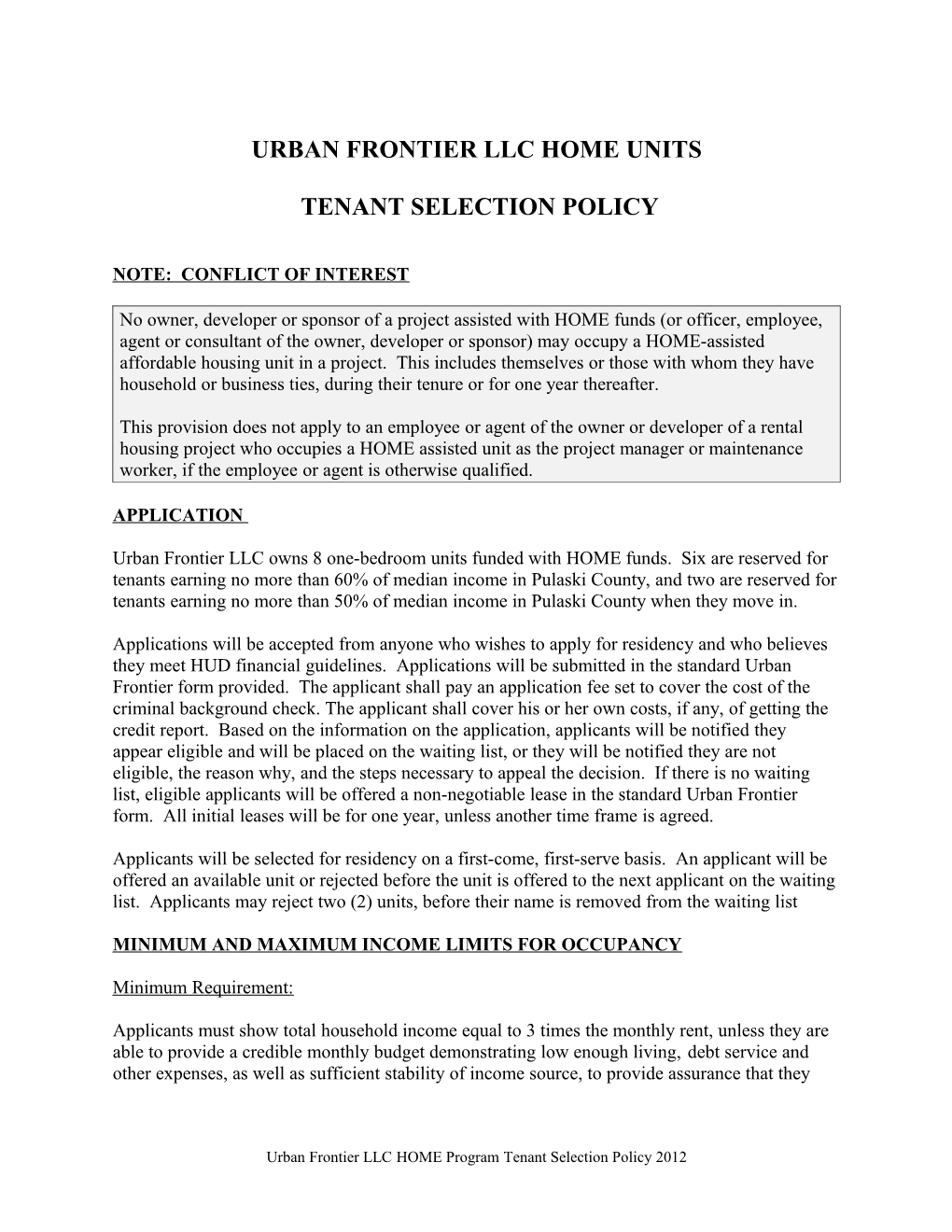 Sample Tenant Selection Policy