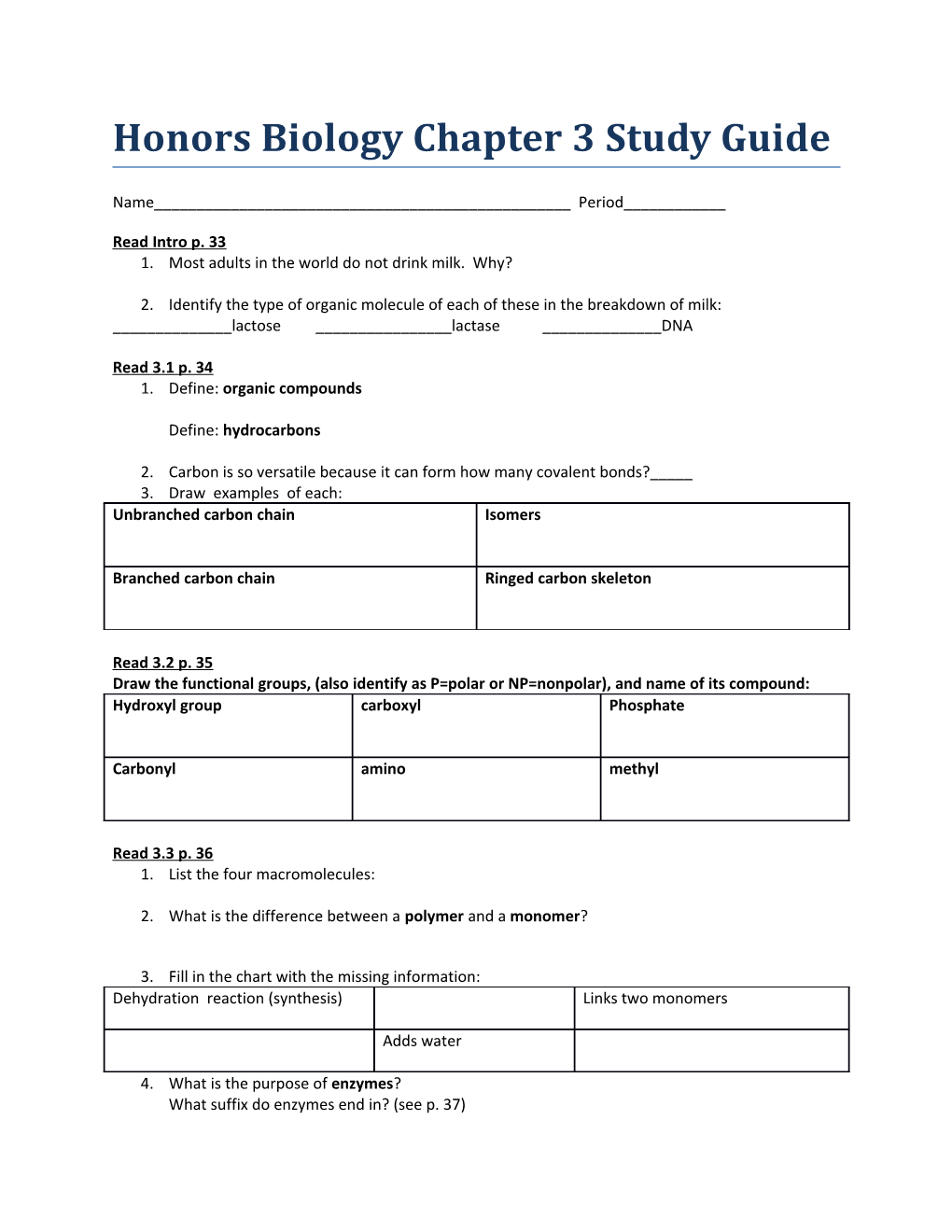 Honors Biology Chapter 3 Study Guide
