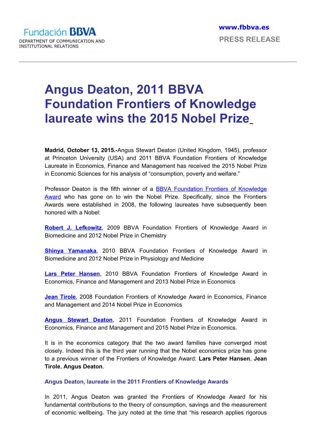 Angus Deaton, 2011 BBVA Foundation Frontiers of Knowledge Laureate Wins the 2015 Nobel Prize