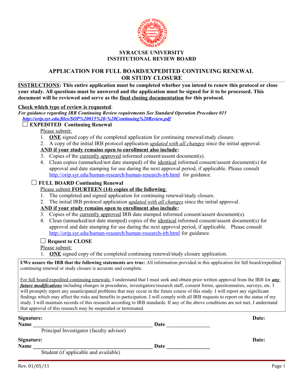 Application for Full Board/Expedited Continuing Renewal