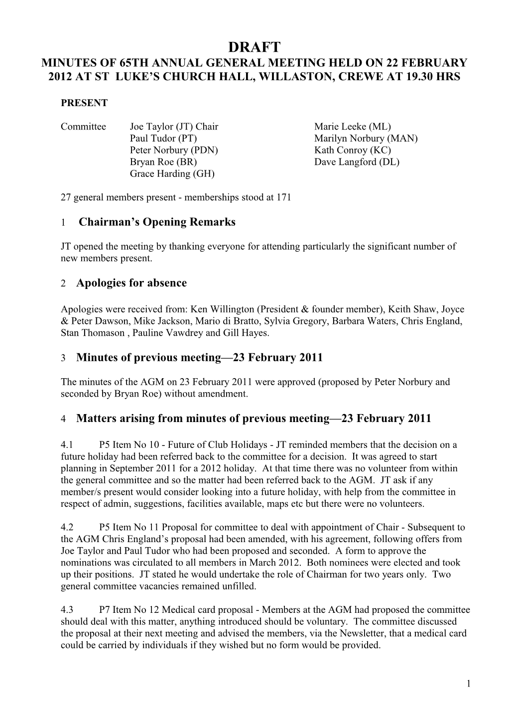 Draft Minutes of 64Th Annual General Meeting Held on 23 February 2011 at St Luke S Church