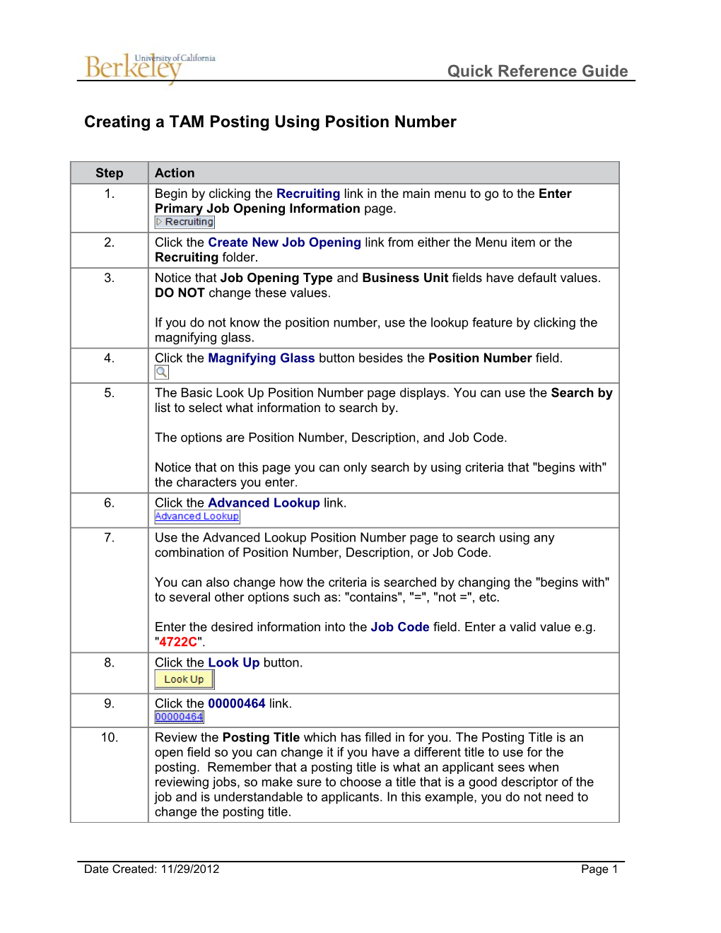 Creating a TAM Posting Using Position Number