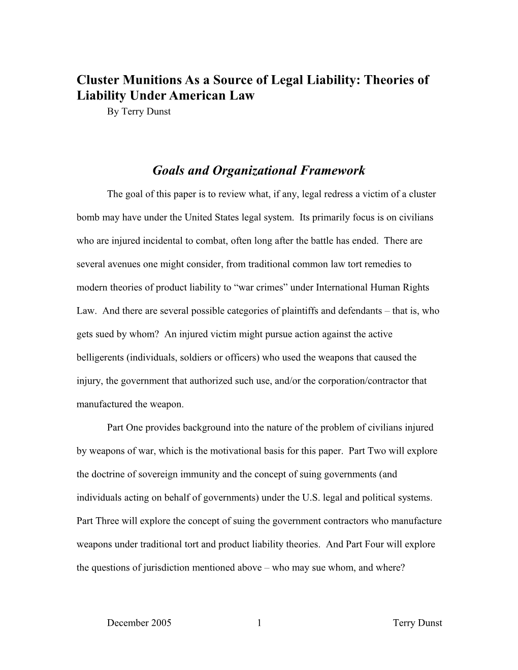 Cluster Munitions As a Source of Legal Liability: Theories of Liability Under American Law