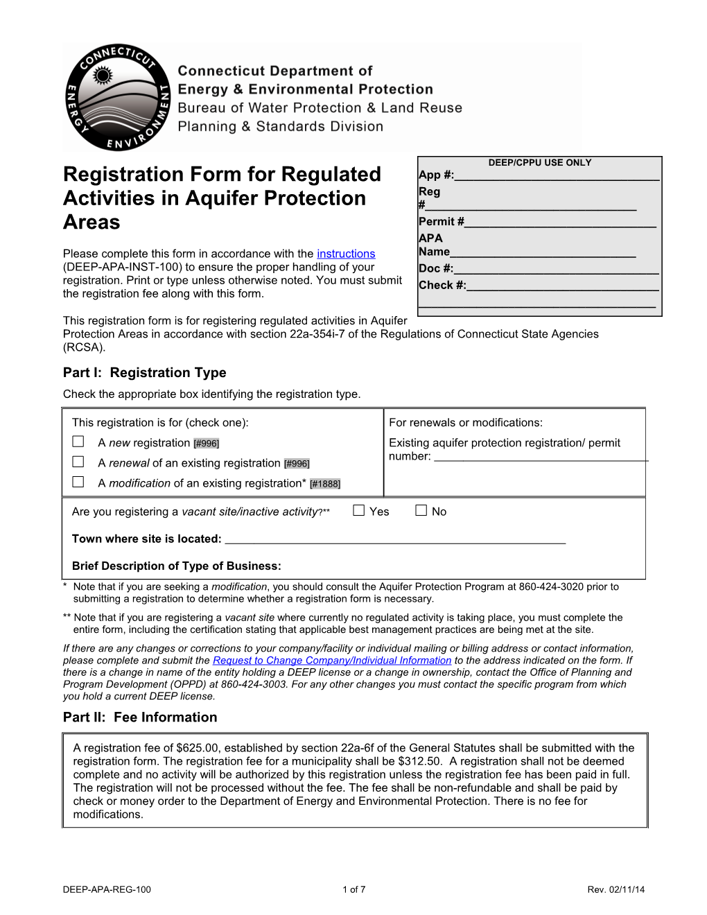 Registration Form for Regulated Activities in Aquifer Protection Areas
