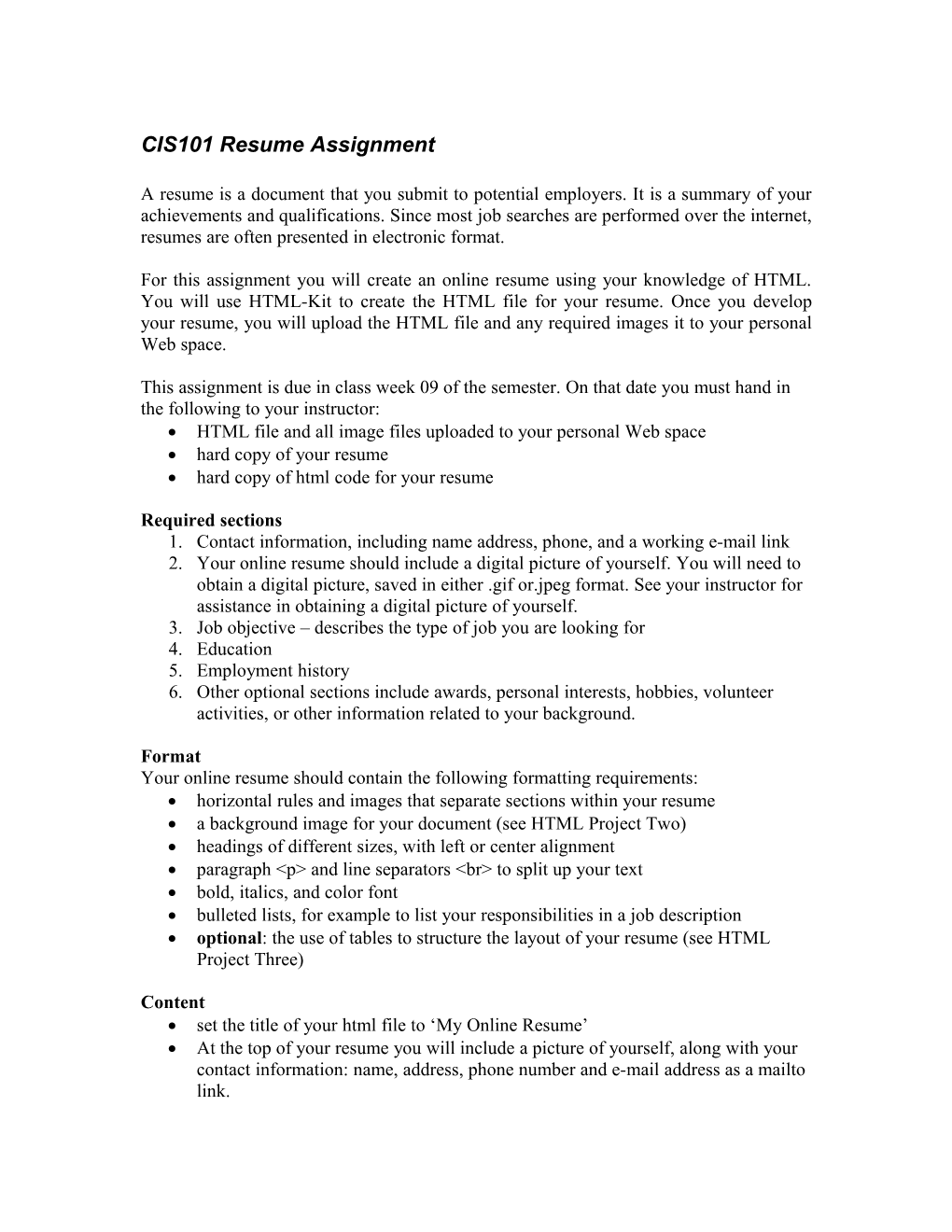 CIS101 Resume Assignment