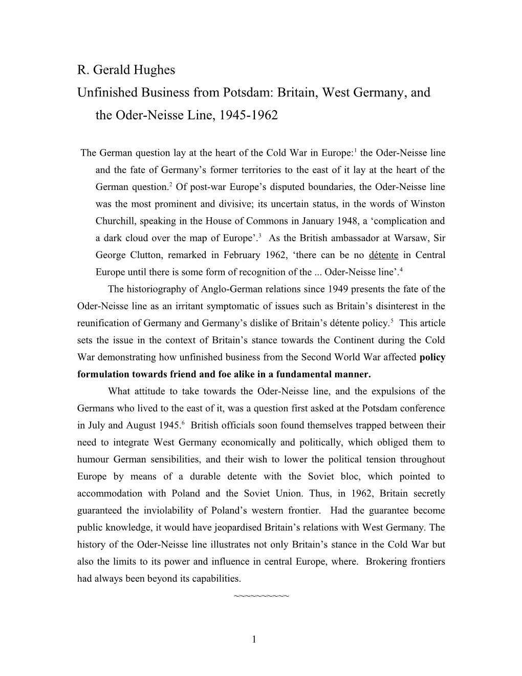 Unfinished Business from Potsdam: Britain, West Germany, and the Oder-Neisse Line, 1945-1962