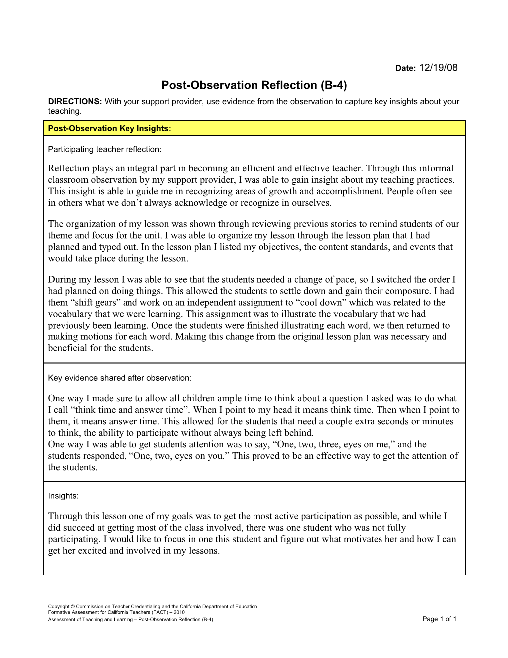 Sarah - 3Rd Grade - Post Observation Reflection