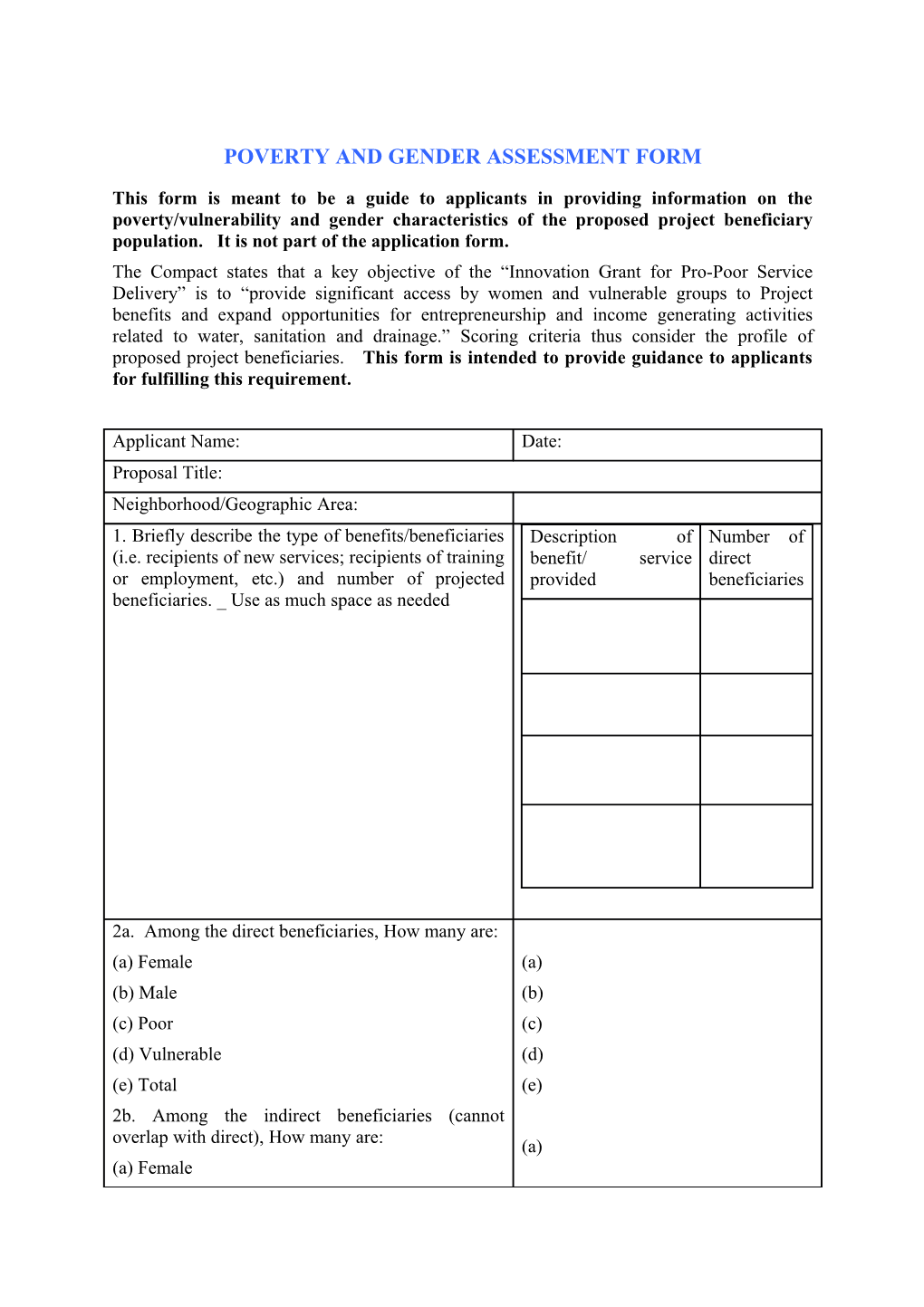 Poverty and Gender Assessment Form