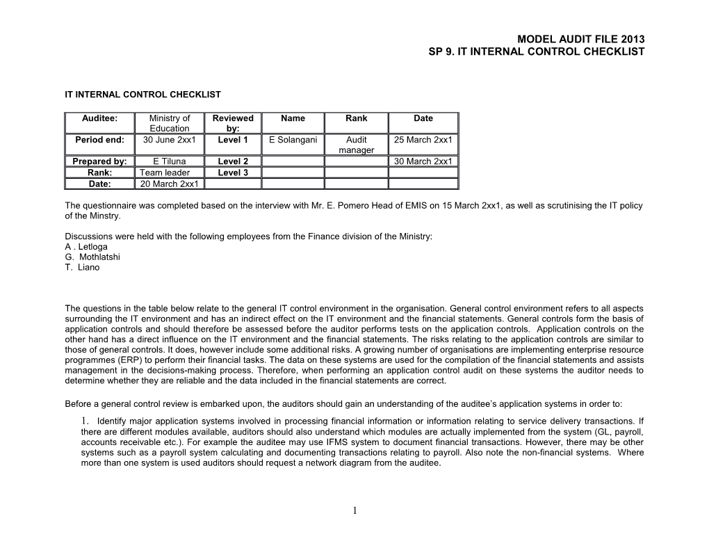 It Control Environment Checklist