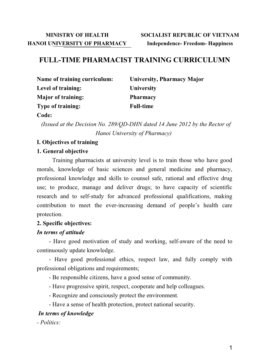 Full-Time Pharmacist Training Curriculumn