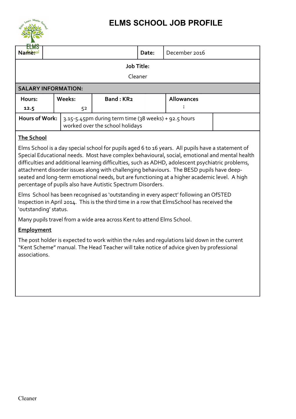 Elms School Job Profile