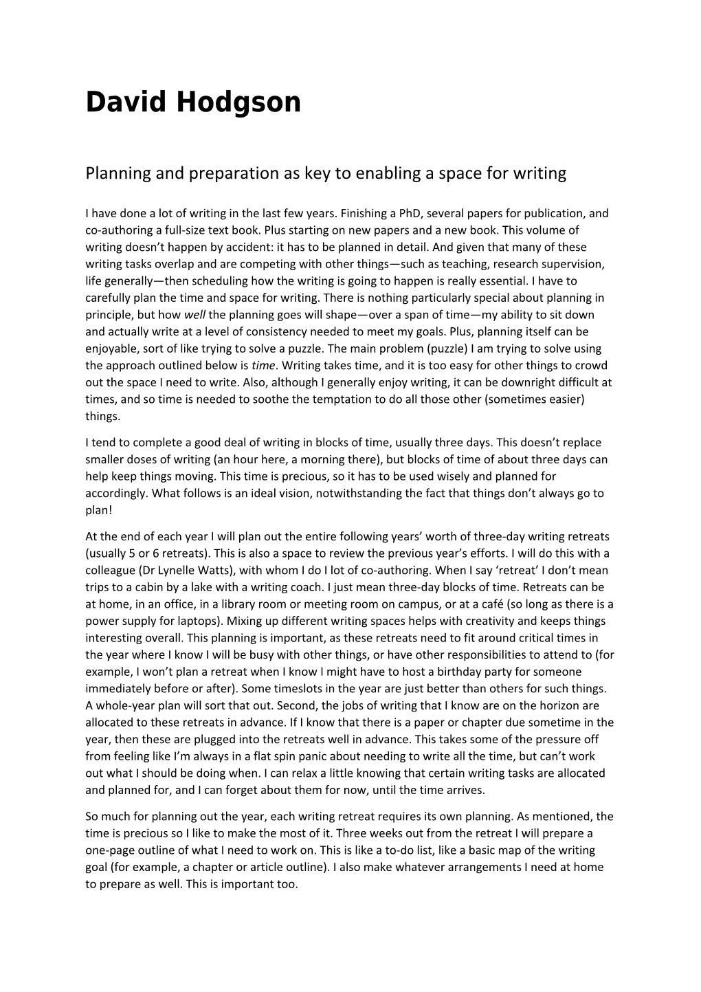 Planning and Preparation As Key to Enabling a Space for Writing