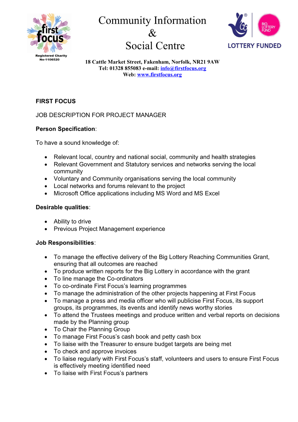 Job Description for Project Manager