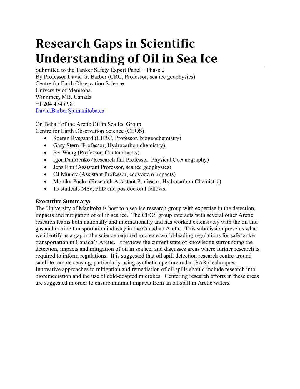 Research Gaps in Scientific Understanding of Oil in Sea Ice