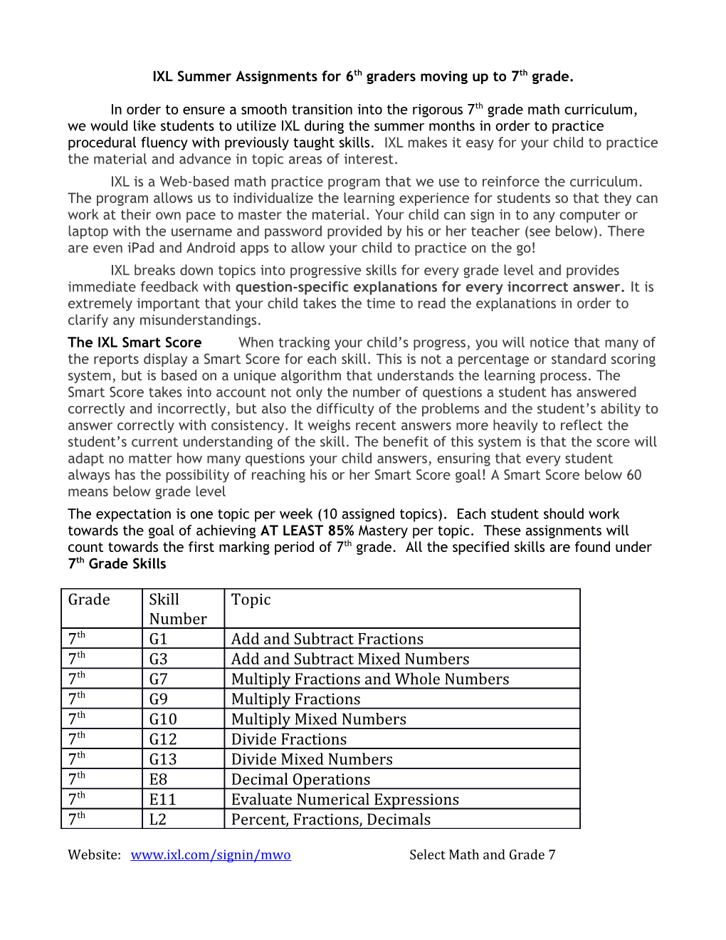 IXL Summer Assignments for 6Th Graders Moving up to 7Th Grade