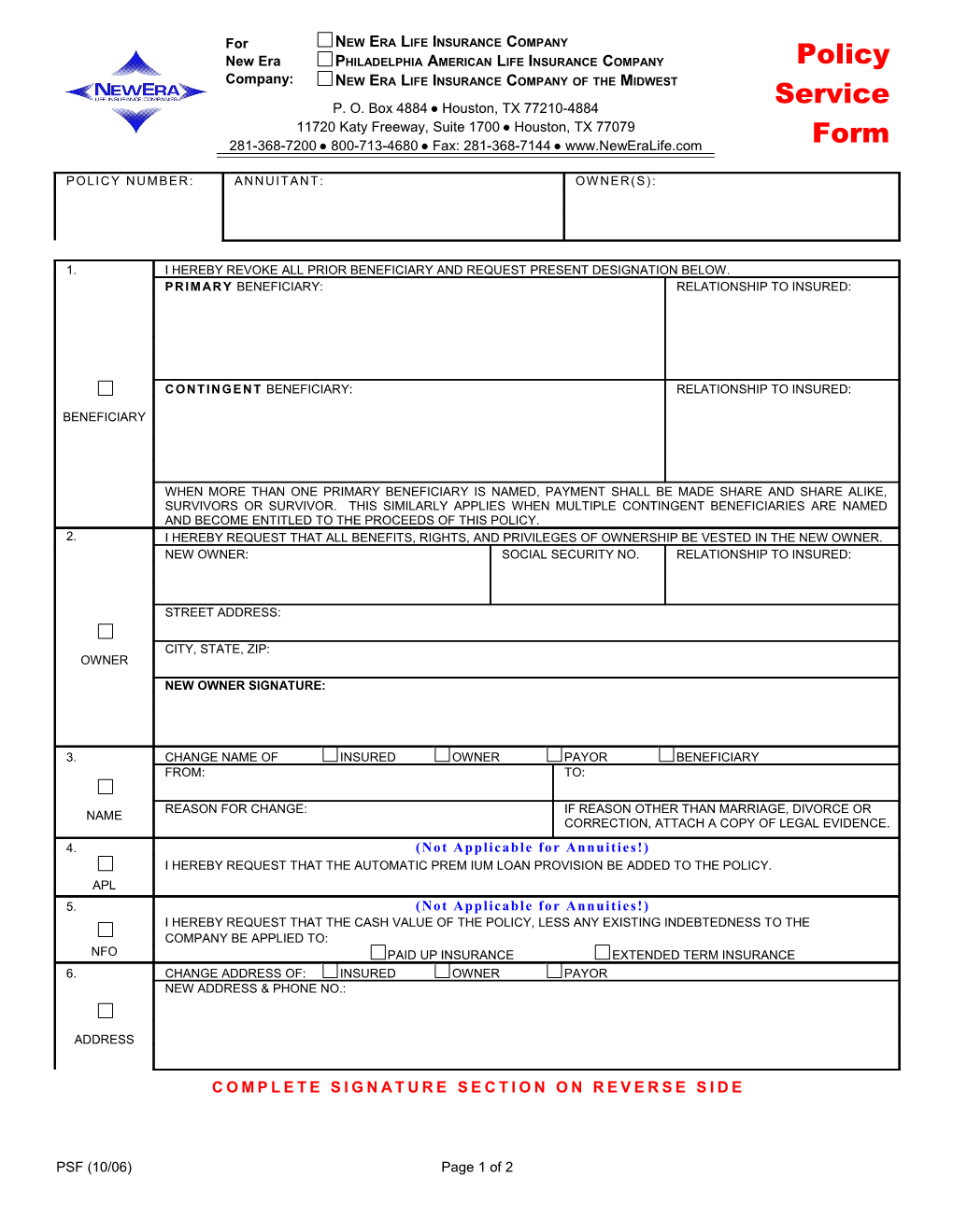 NEW ERA Policy Service Form