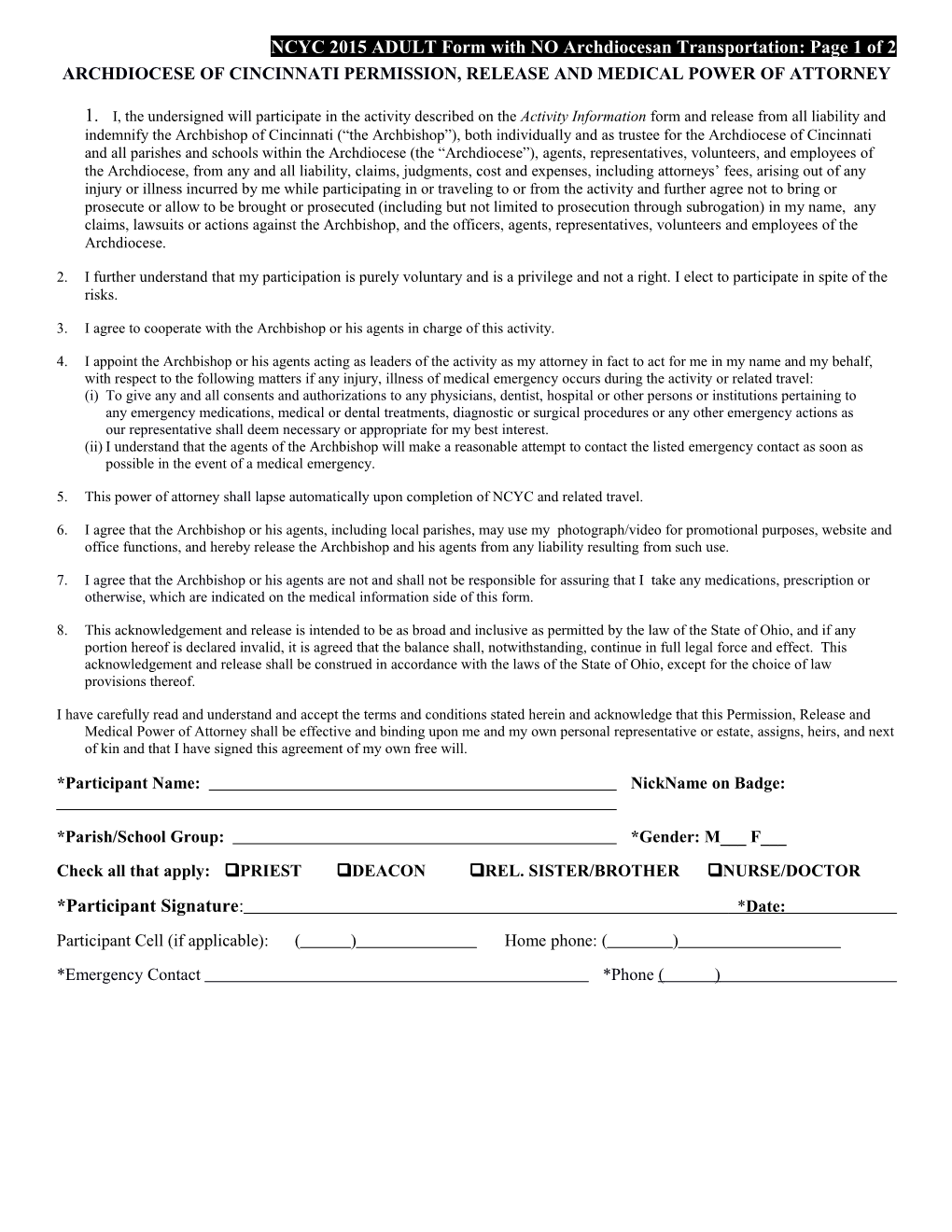 NCYC 2015Adultform Withno Archdiocesan Transportation: Page 1 of 2