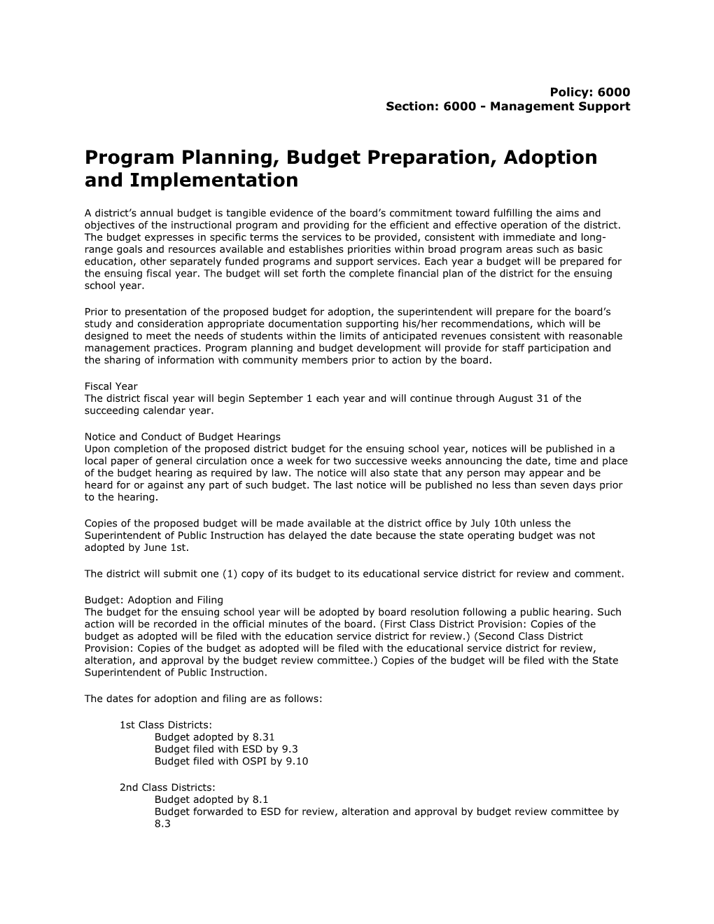 Program Planning, Budget Preparation, Adoption and Implementation