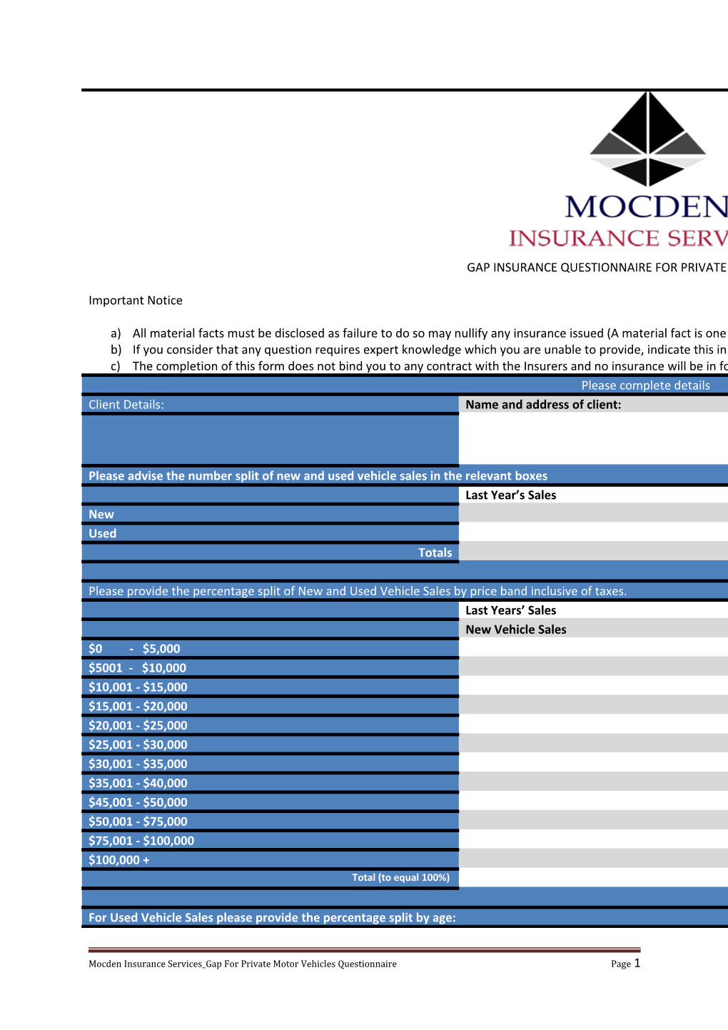 Mocden Insurance Services Gapfor Private Motor Vehicles Questionnairepage1