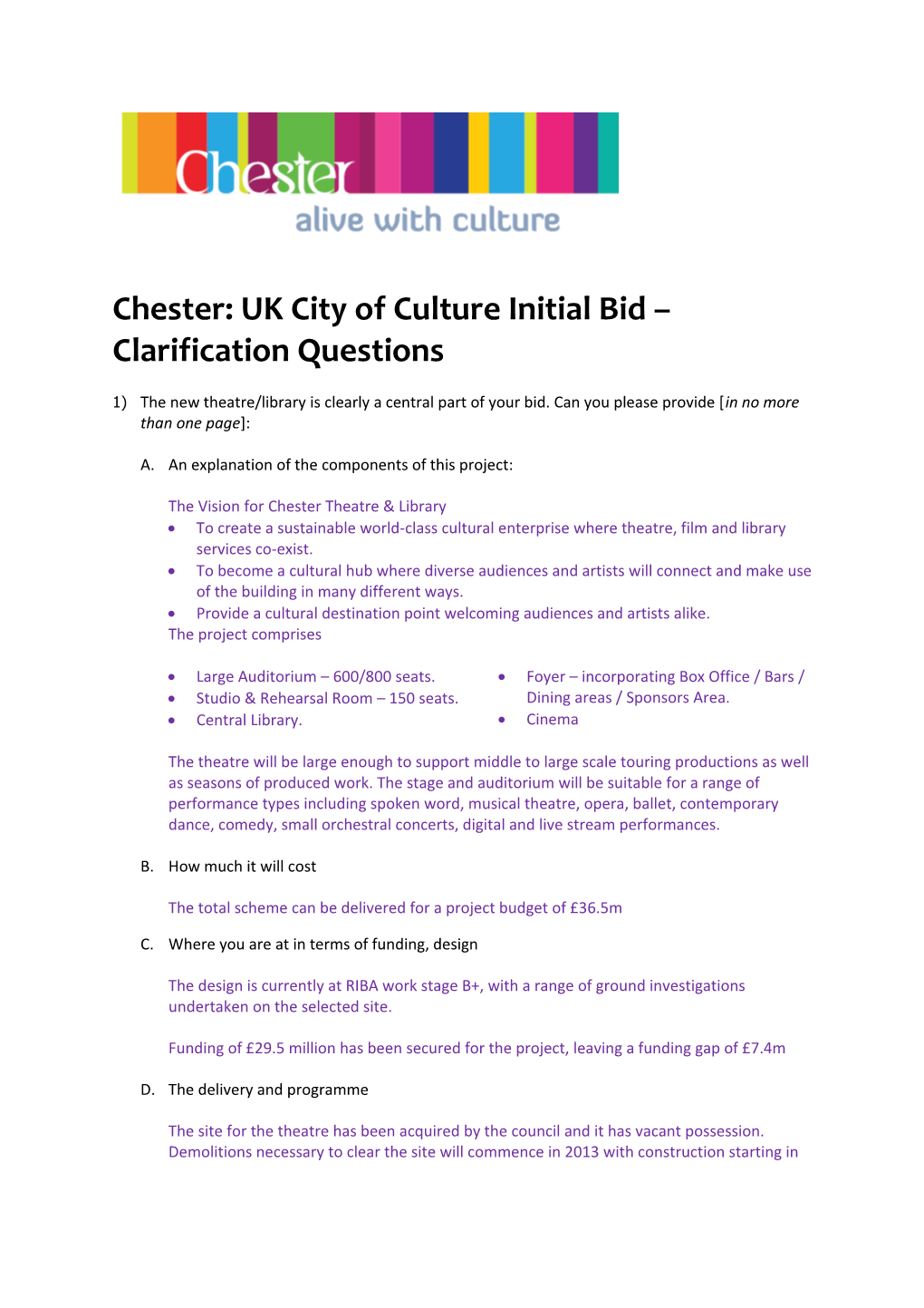 Chester: UK City of Culture Initial Bid Clarification Questions