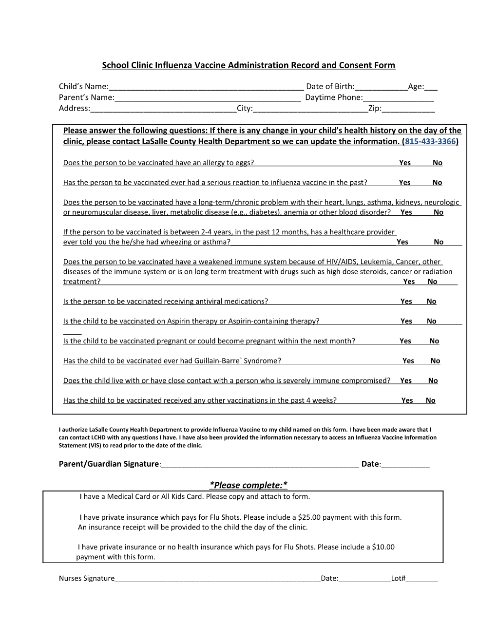 School Clinic Influenza Vaccine Administration Record and Consent Form