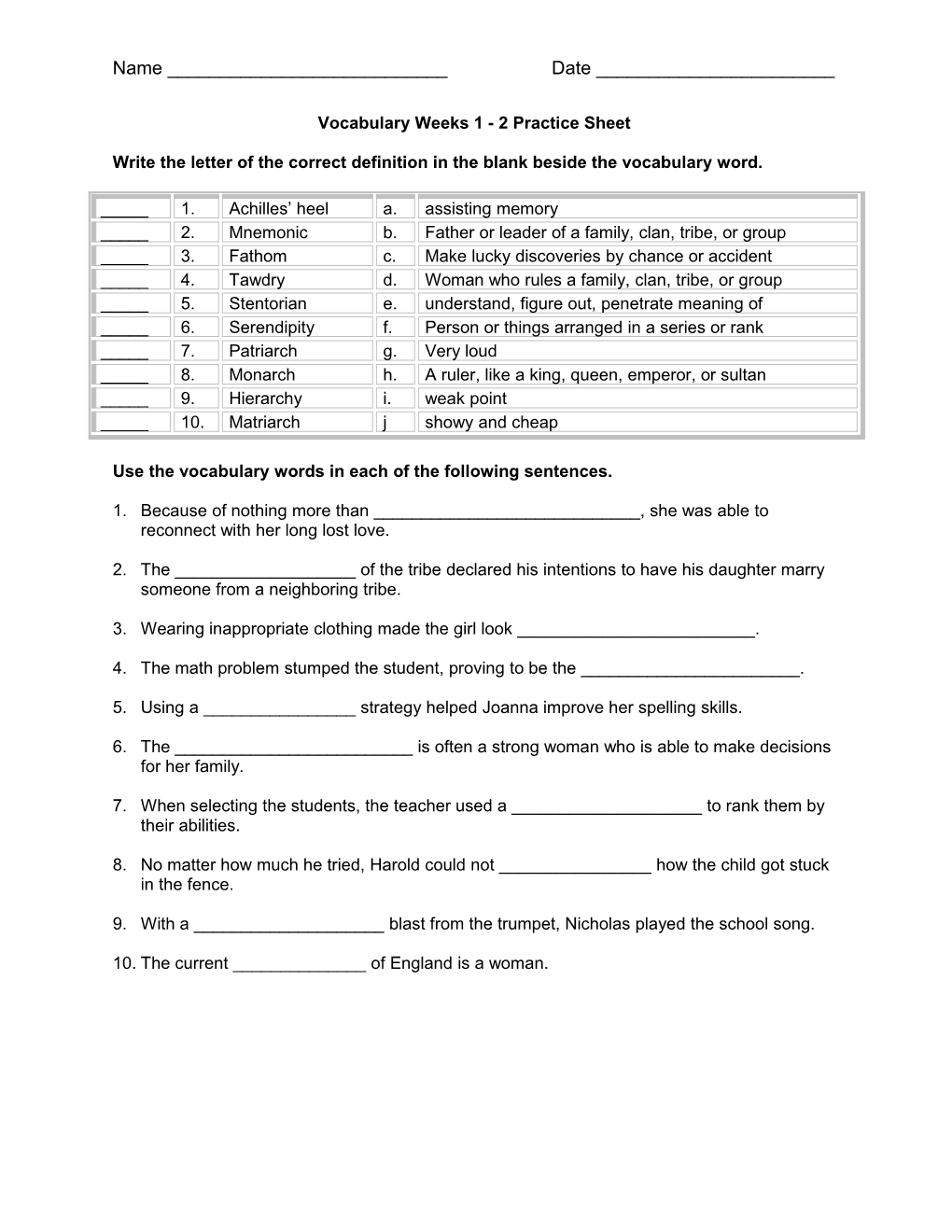 Vocabulary Weeks 1 - 2 Practice Sheet