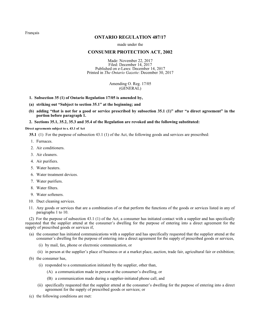 CONSUMER PROTECTION ACT, 2002 - O. Reg. 487/17
