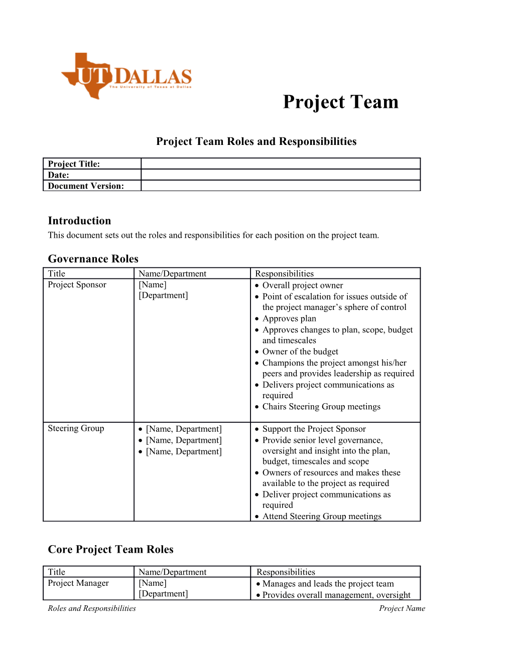 Project Team Roles and Responsibilities