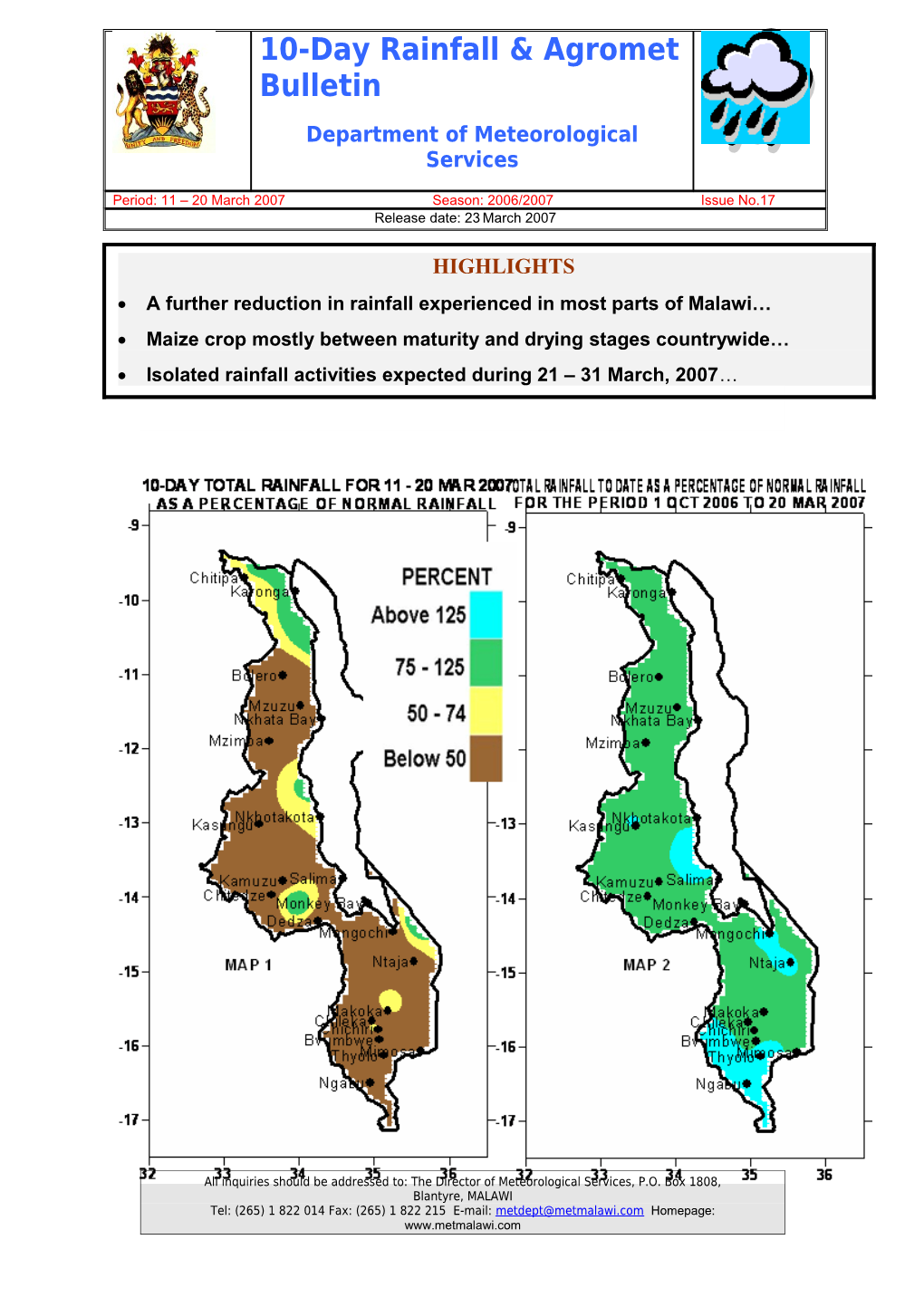 Period: 01 10 November 1998 Rainfall and Agromet Bulletin
