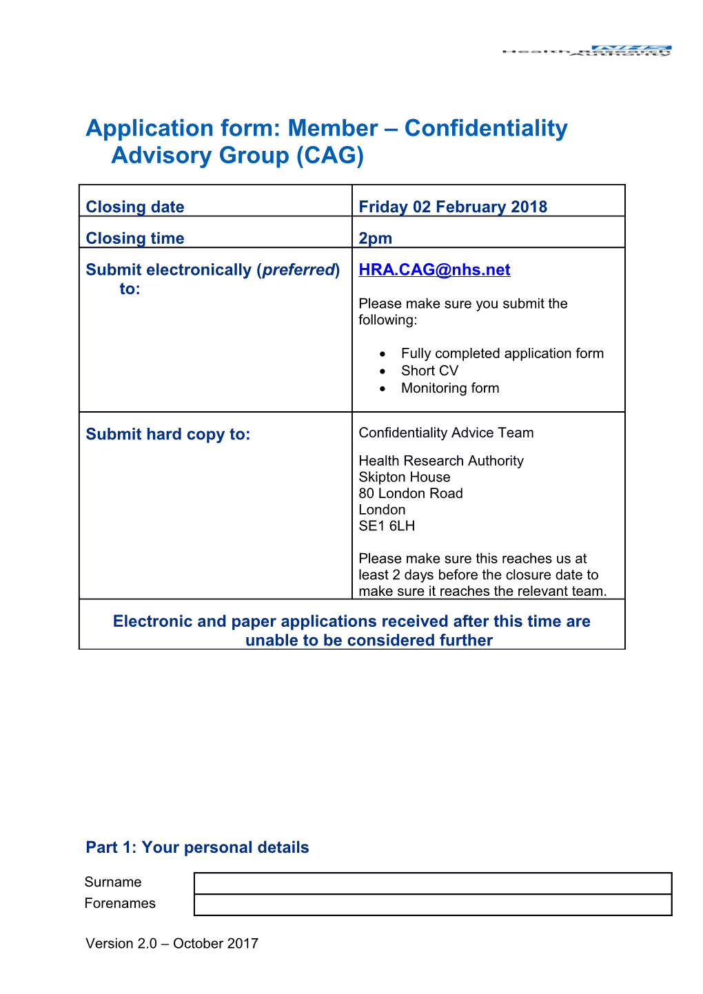 Application Form: Member Confidentiality Advisory Group (CAG)
