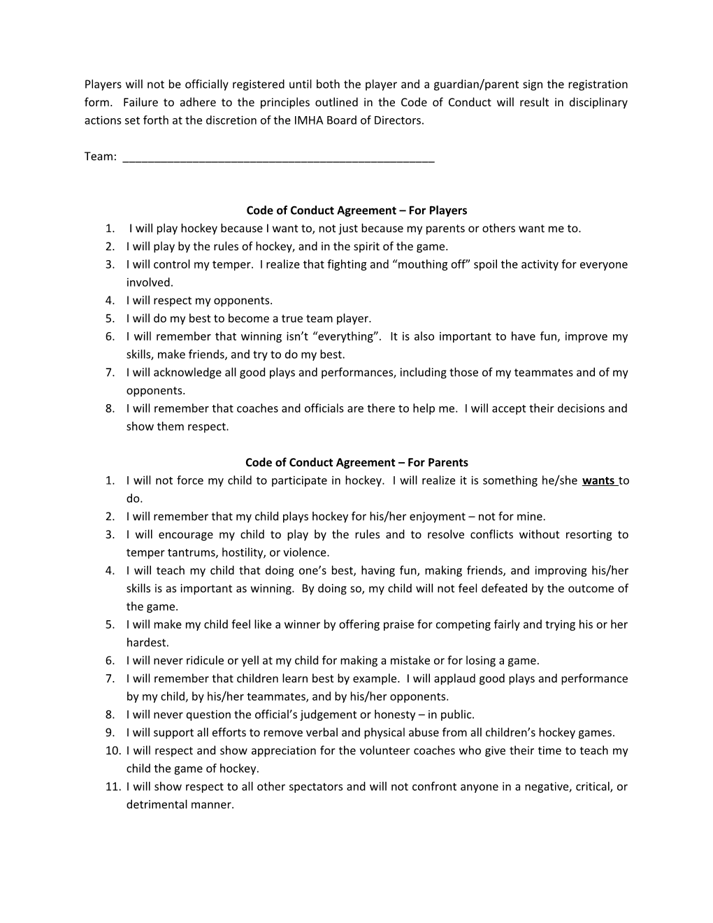 Code of Conduct Agreement for Players