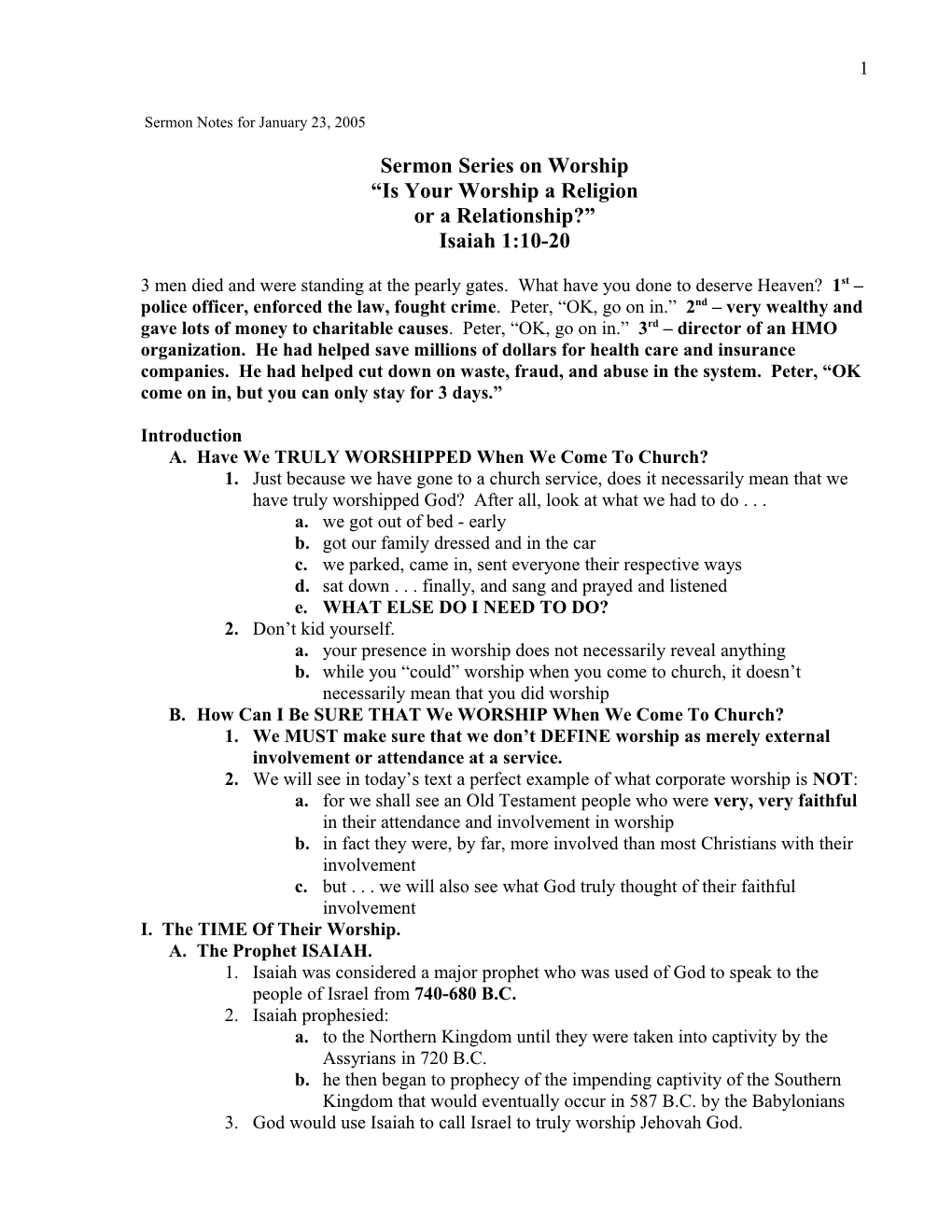 Sermon Notes for January 23, 2005