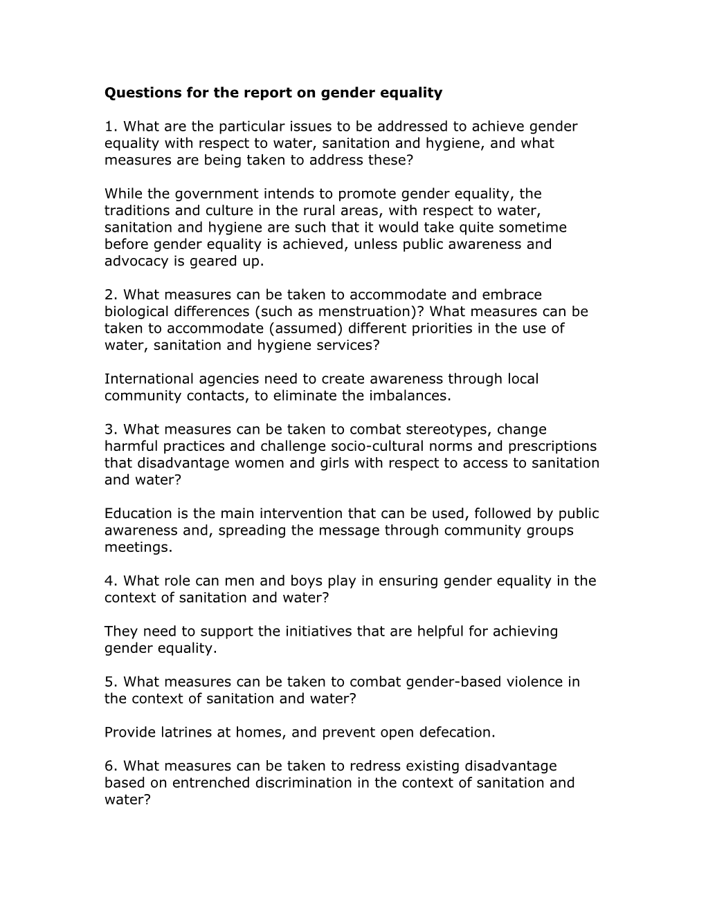 Questions for the Report on Gender Equality