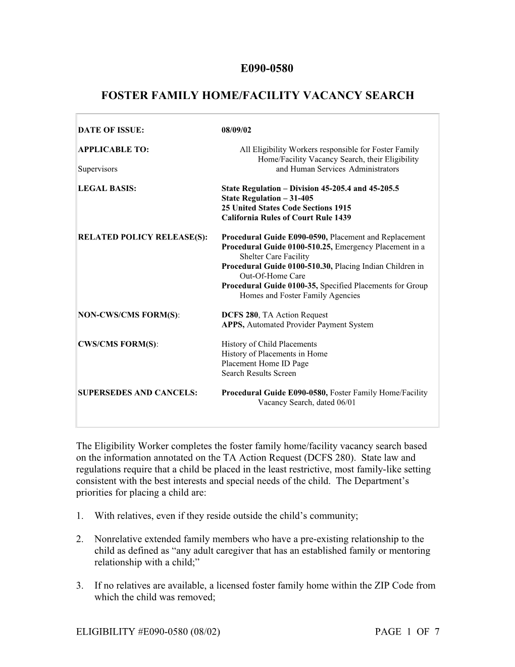 Foster Family Home/Facility Vacancy Search