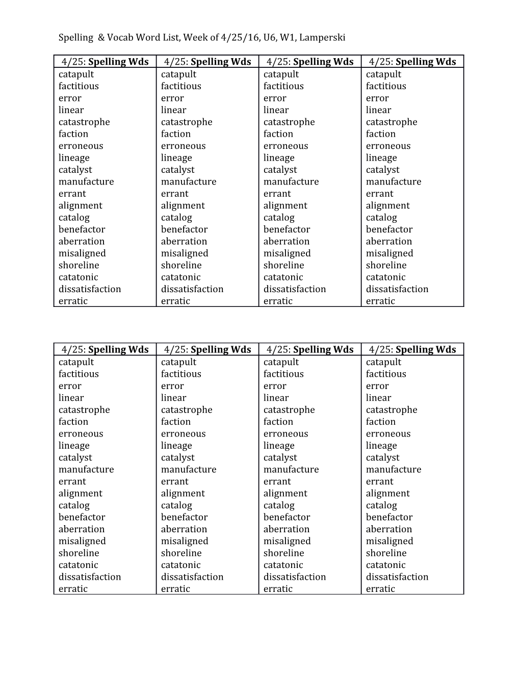 Spelling Vocab Word List, Week of 4/25/16, U6, W1, Lamperski