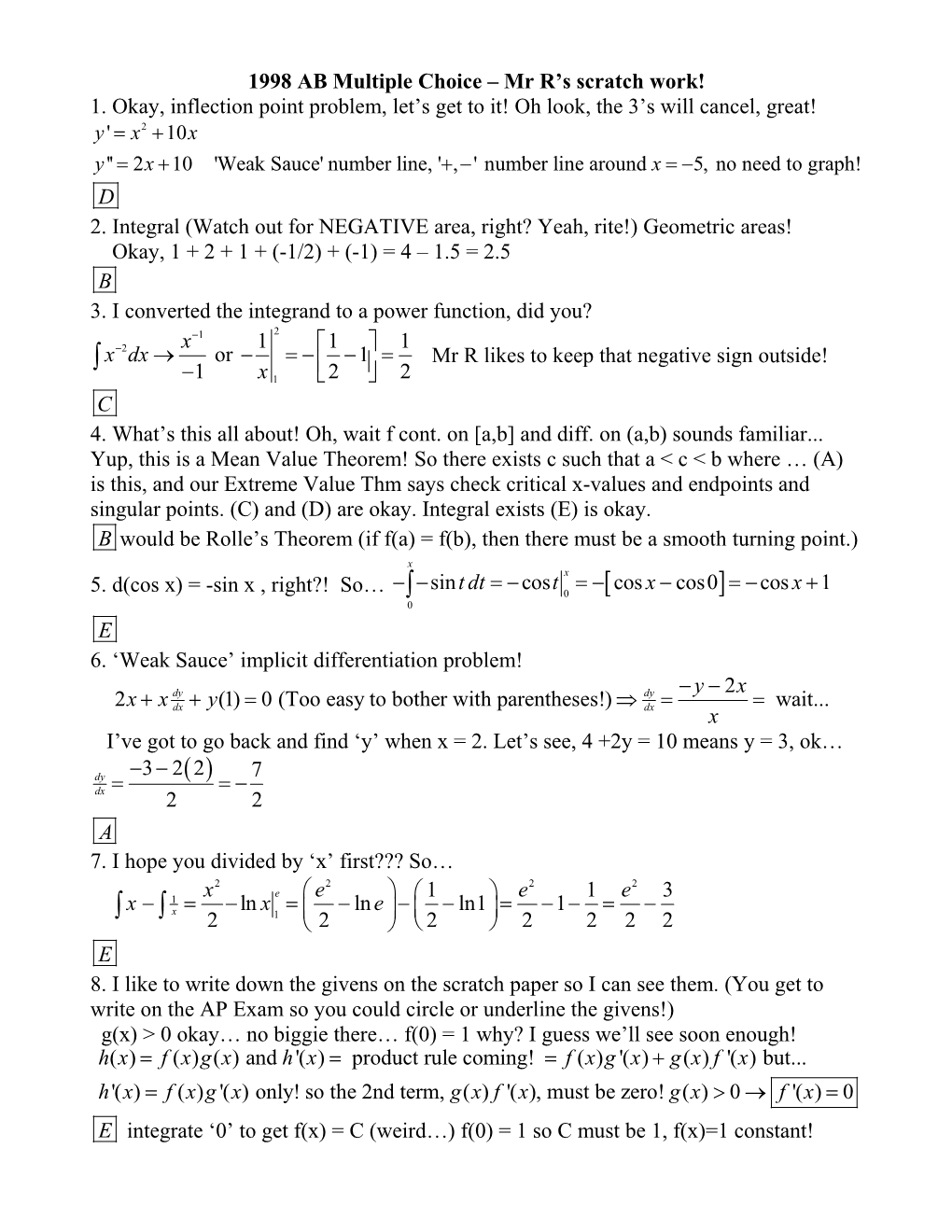 1998 AB Multiple Choice Mr R S Scratch Work